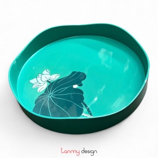 Turquoise round lacquer tray, wavy rim hand-painted with lotus 27cm